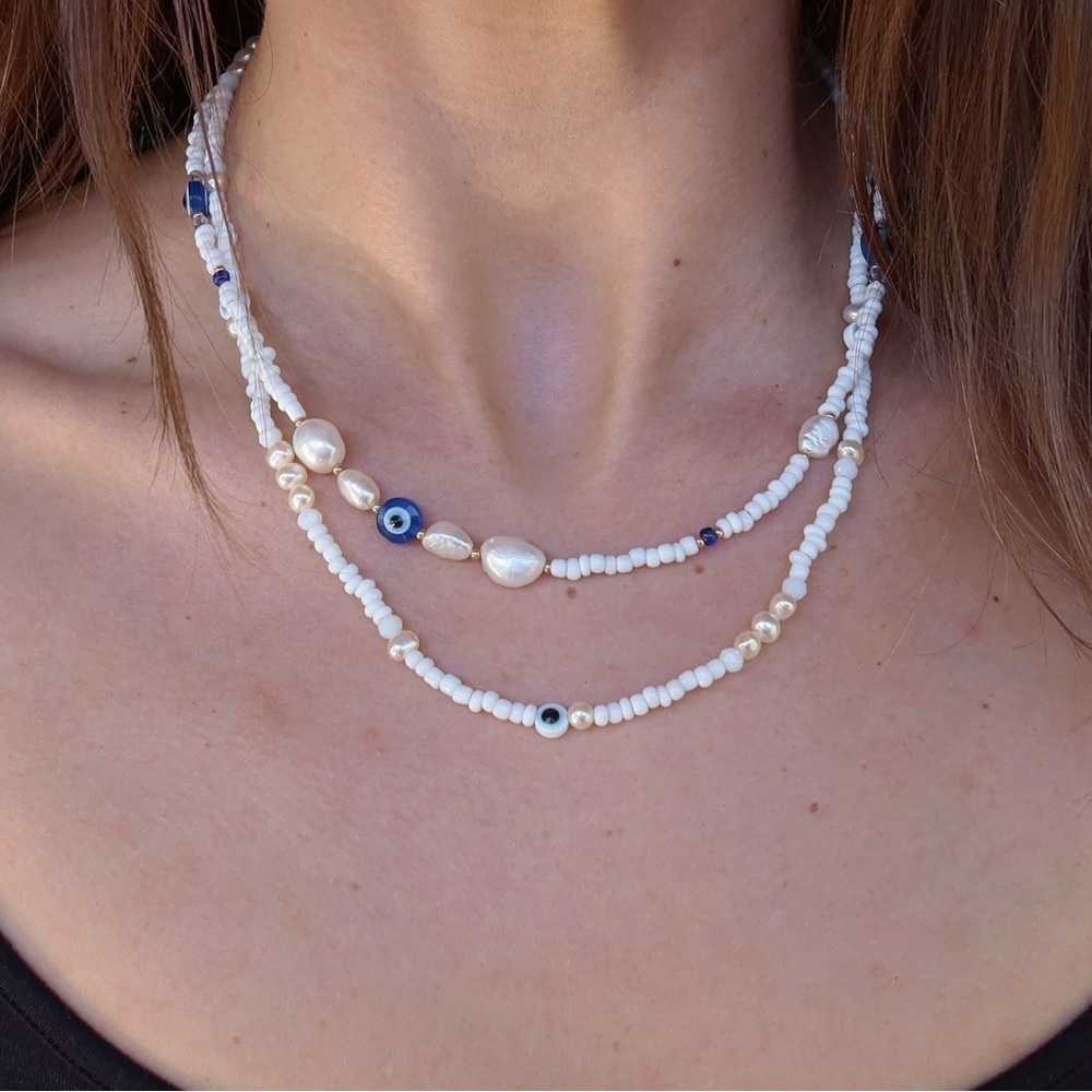 Evil Eye Freshwater Pearl Necklace & Anklet Bundle | Crystal | 3 Piece Set